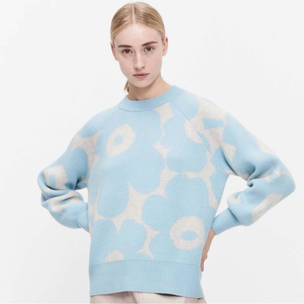 Marimekko Kietoa Unikko Knitted Wool Pullover Sweater Size XS Light Blue / Grey